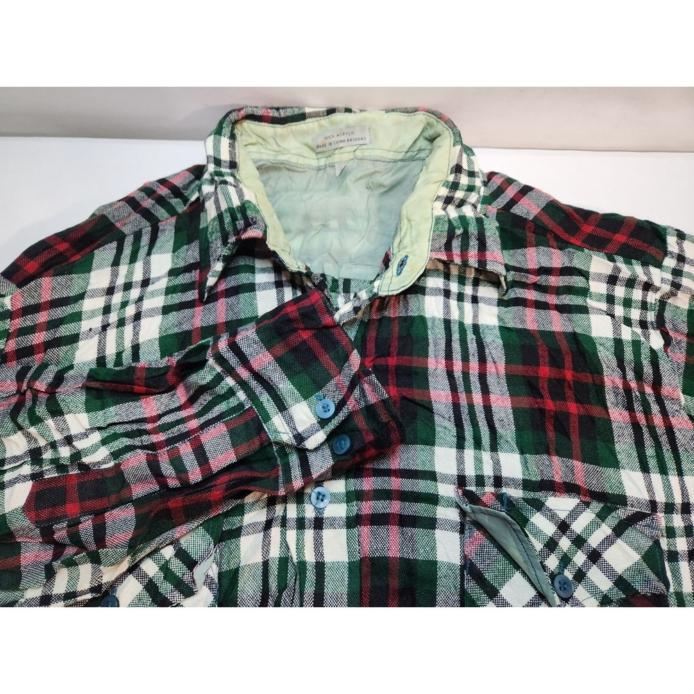 Mens Flannel Shirt Green Red White Plaid Long Sleeve Acrylic Size L Button‎ Up